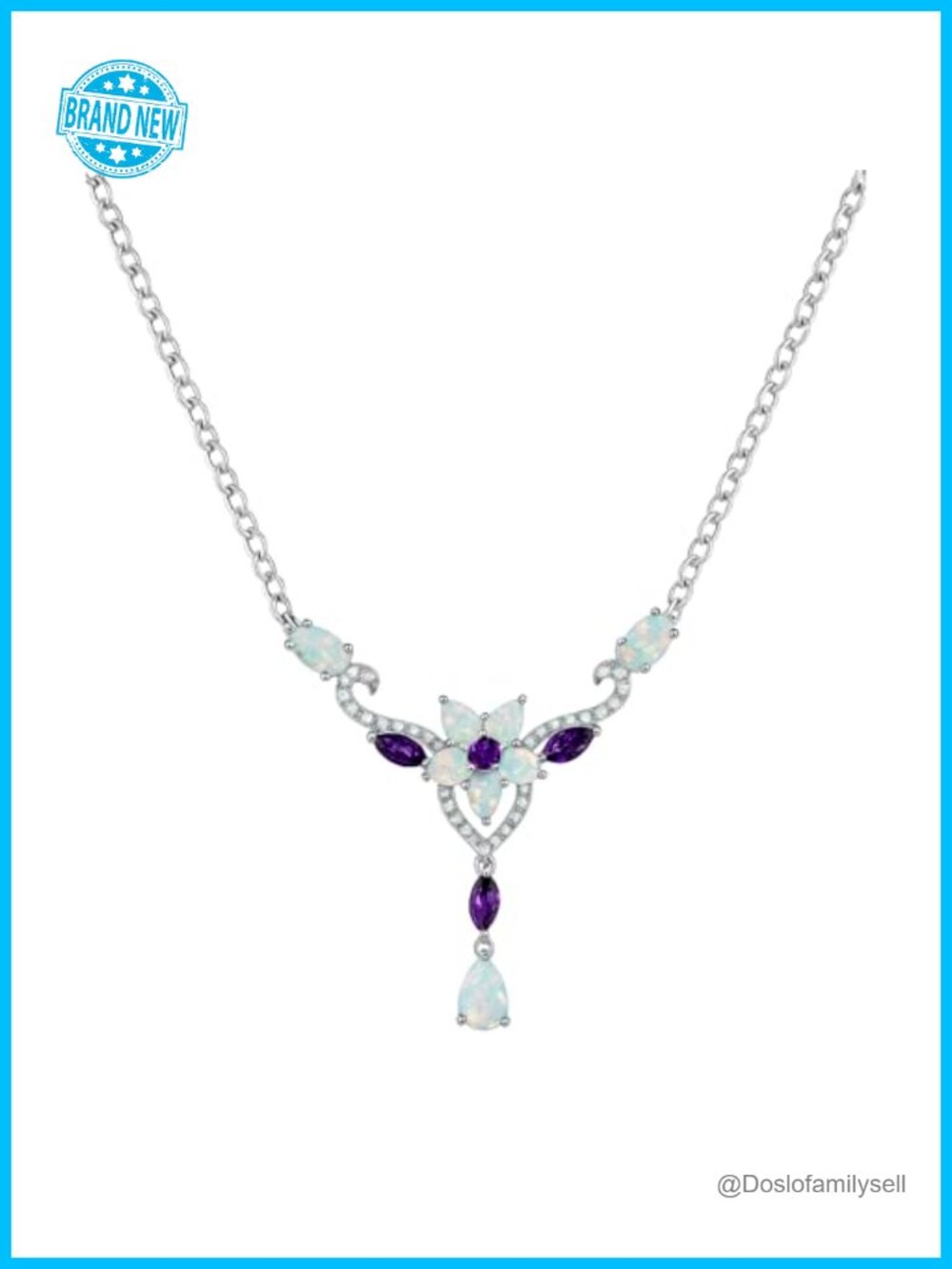 Sterling Silver Amethyst Opal Floral Pendant Necklace